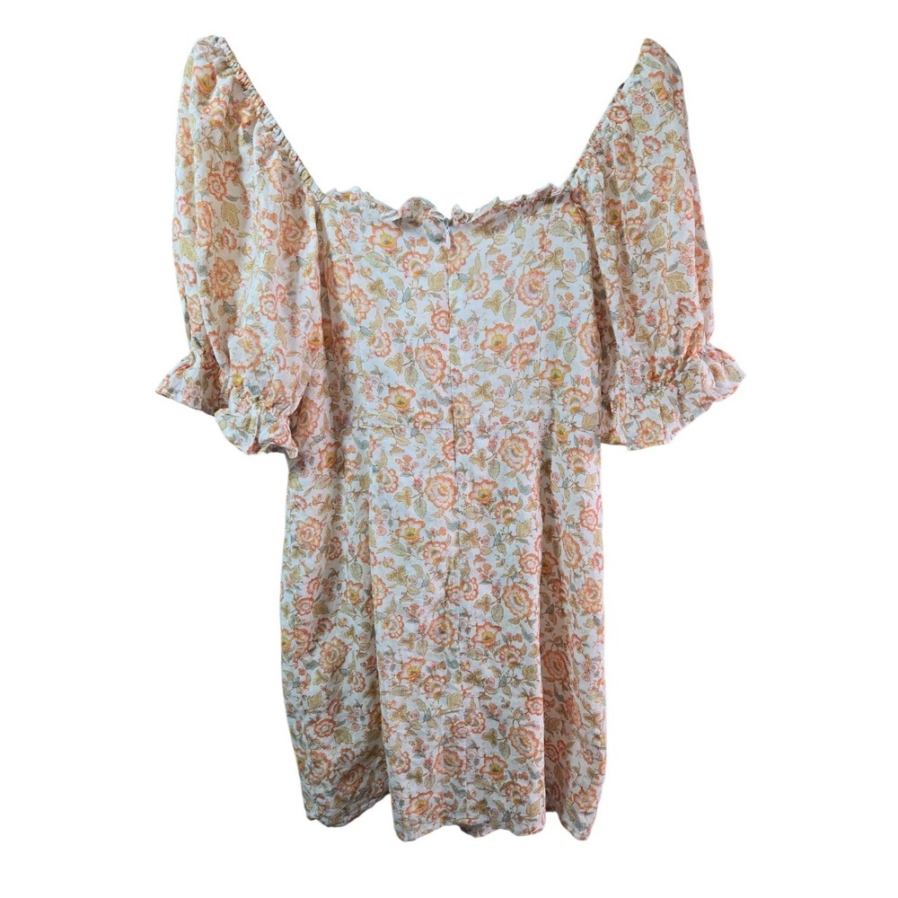 Forever 21 Floral Puff Sleeve Lace Up Mini Dress Women's Size L Cream Orange - Picture 3 of 7